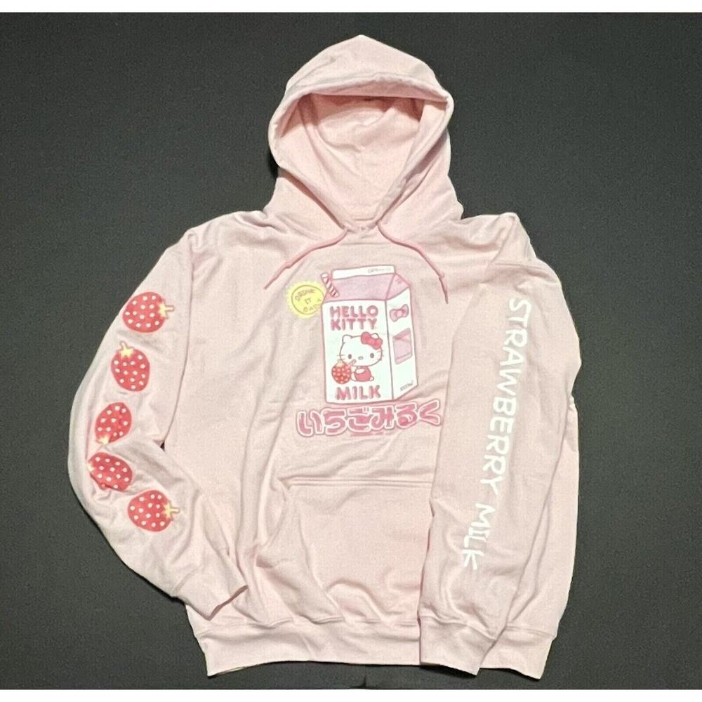 Hello Kitty Strawberry Milk Hoodie Sweatshirt Pink Adult Size L Womens Mens